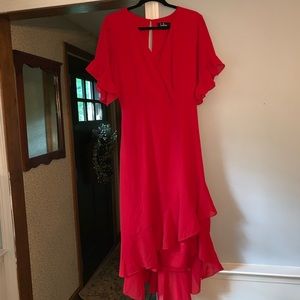 RED HIGH-LOW WRAP DRESS